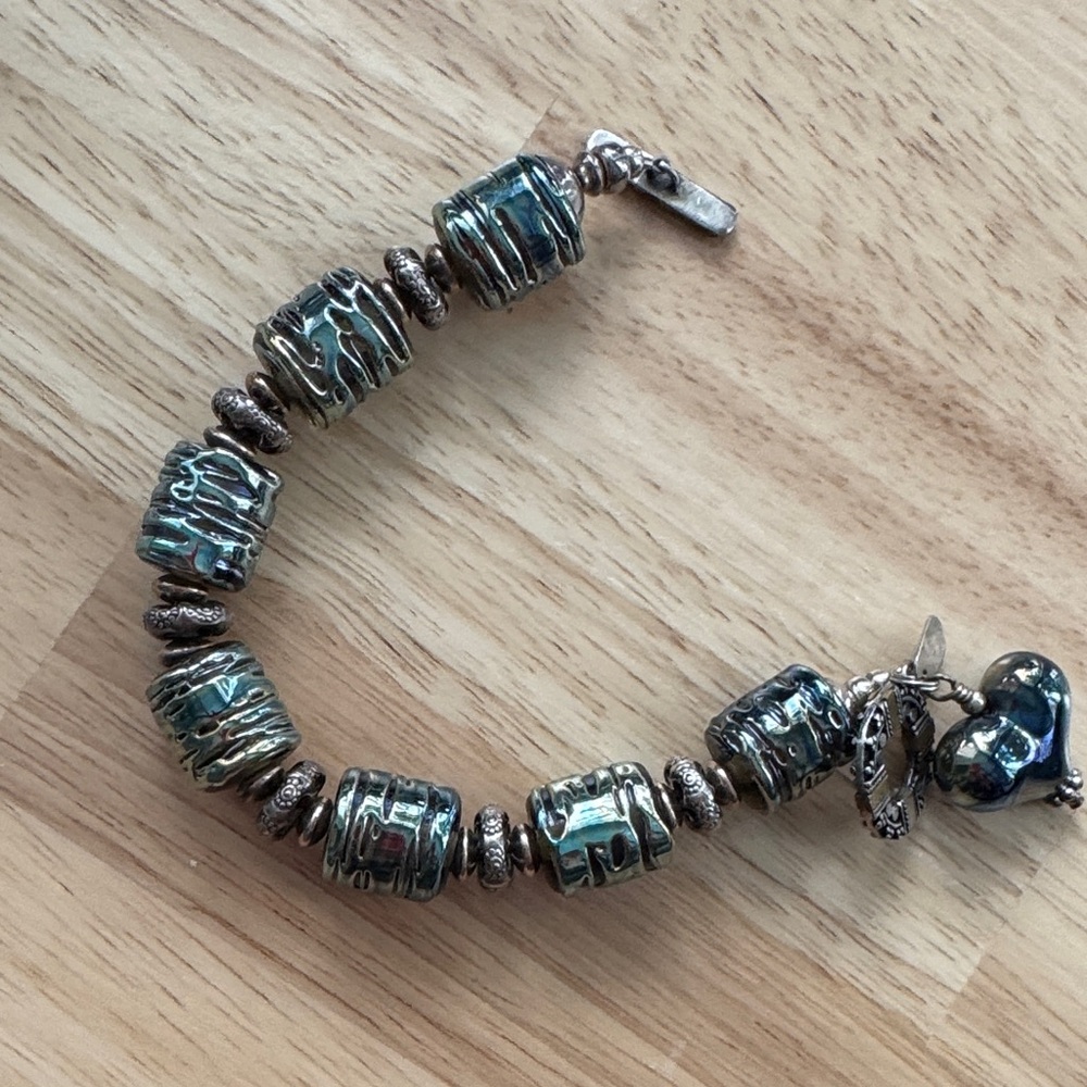 StudioBB Design Iridescent Green Glass Bead Toggle Bracelet with Silver Accents